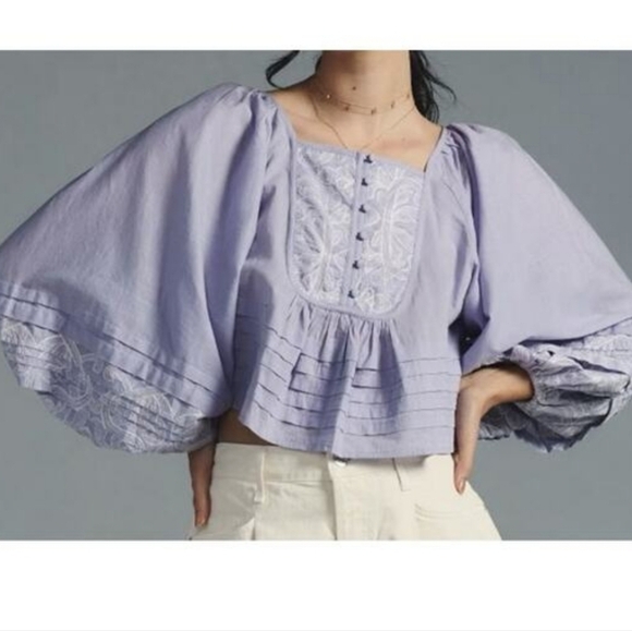Anthropologie Tops - By Anthropolgie Lace Babydoll Embroidered Blouse Lavender Purple Size XL